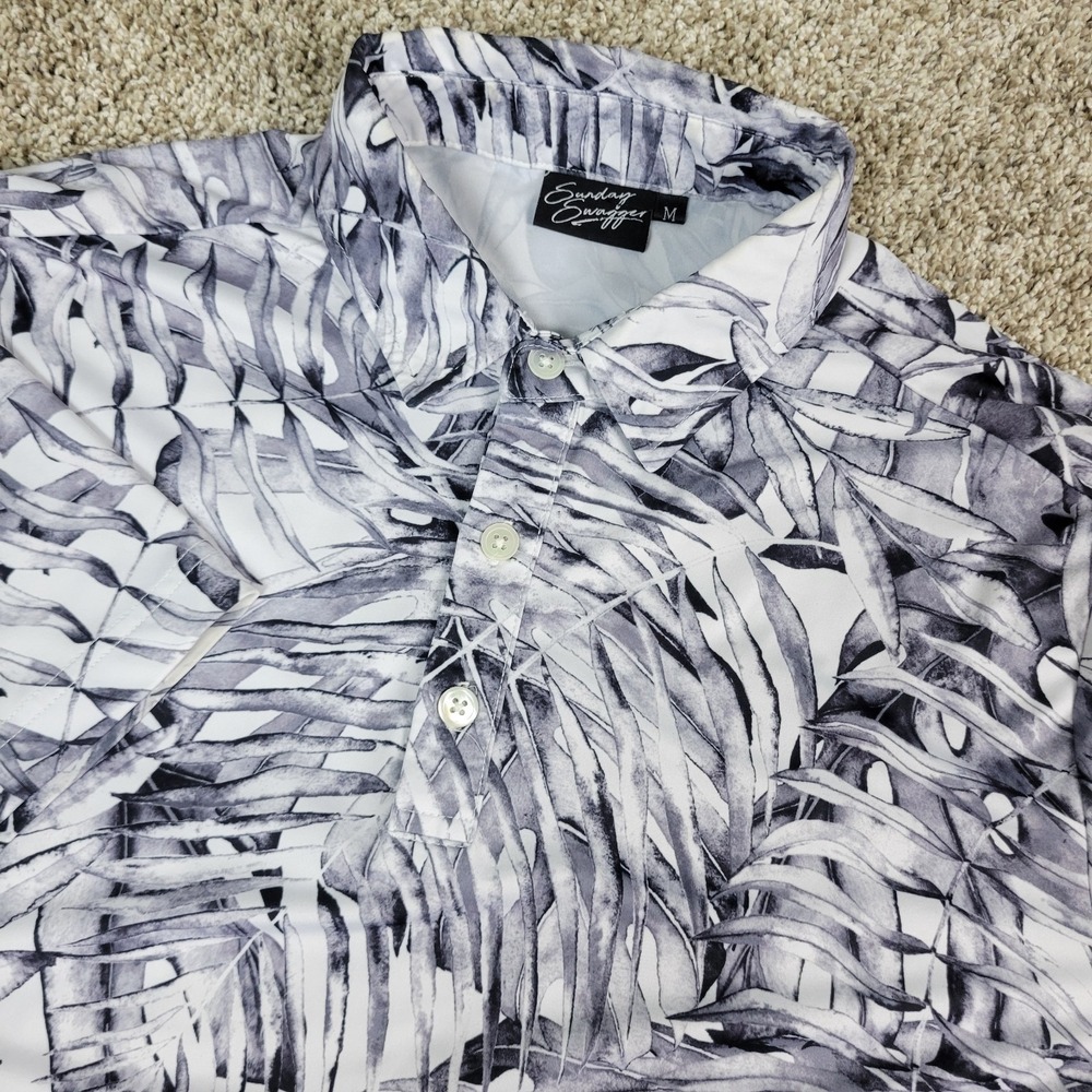 Sunday Swagger Mens Medium Black White AOP Floral Performance Stretch Golf Polo